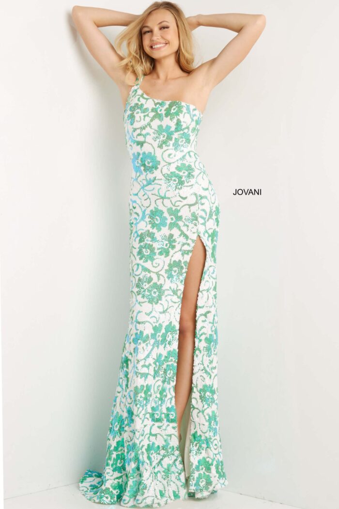 model wearing Jovani 08256 green floral gown front view