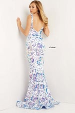 Close-up of models in Jovani 08257 dress with floral motifs
