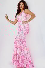 Model displaying Jovani 08257 dress with floral patterns