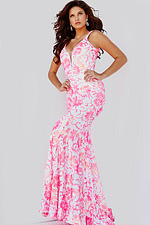 Model in Jovani dress 08257 front view with floral prints