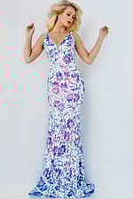 Model in Jovani 08257 highlighting floral print dress