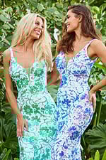 Model in Jovani 08257 with colorful floral designs