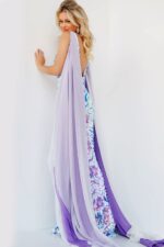 model wearing Jovani 08258, back view, white multi-colored floral dress