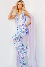 model wearing Jovani 08258, front view, white multi-colored floral dress