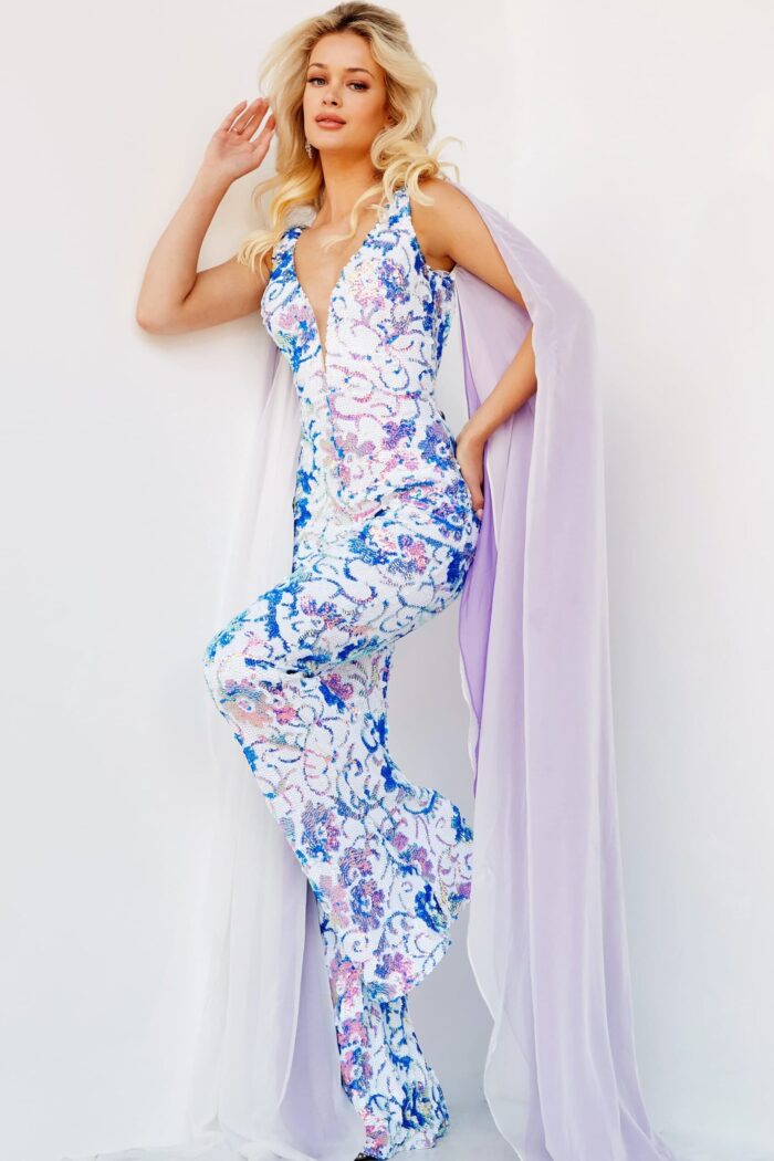 model wearing Jovani 08258, front view, white multi-colored floral dress