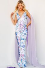 model wearing Jovani 08258, full front view, white multi-colored floral dress