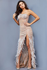 Model wearing Jovani 08276 gown, front view, with intricate beadwork and feather details.