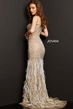 Model wearing Jovani 08276 gown, back view by Jovani, with intricate beadwork and feather details.
