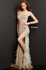 Model wearing Jovani 08276 nude dress with one-shoulder neckline and feathered embellishments.
