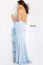 Back view of model wearing Jovani 08283 light blue dress with open back and feathers.