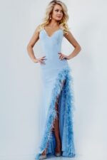 model in Jovani 08283 floor-length blue gown with V-neck and embellishments