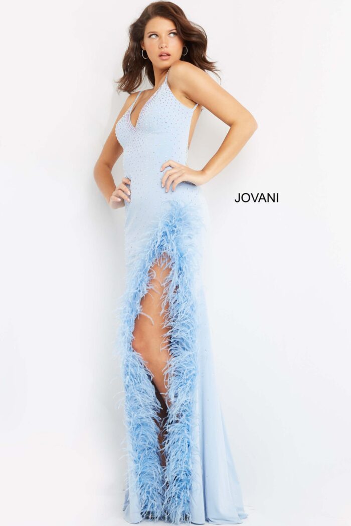 model wearing Jovani 08283 blue gown with a V-neckline and feather detailing