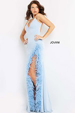 Model wearing Jovani 08283 light blue floor-length gown with high slit and feather details.