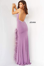 Back view of model in Jovani 08283 lilac gown featuring embellishments and open back.