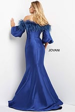 Back view of Jovani 08356 blue dress displaying the mermaid silhouette and feather accents.