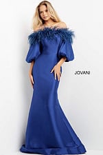 Model wearing Jovani 08356 blue gown with feather detailing and mermaid silhouette, front view.