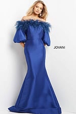 Model showcasing Jovani 08356 blue dress with off-the-shoulder design and feather accents, front view.