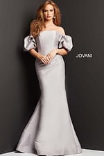Model wearing Jovani 08361 gown with off-shoulder neckline and puff sleeves, front view.