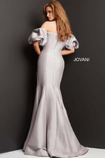 Back view of Jovani 08361 gown, highlighting mermaid silhouette and puff sleeves.