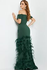 Model wearing Jovani 08384 green off-the-shoulder mermaid dress, back view