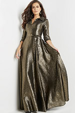 Model showcasing Jovani 08388 brown gown with elegant fit-and-flare design, front view.