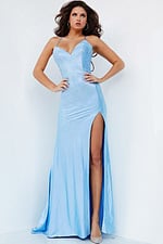 Model in Jovani 08400 light blue dress with high slit and front view