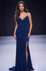 navy satin high slit dress 08400