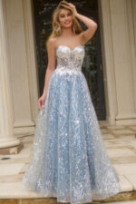 Model wearing Jovani 08417 blue dress full front view