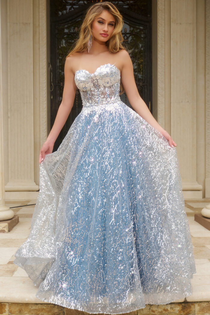 Model wearing Jovani 08417 blue A-line dress front view
