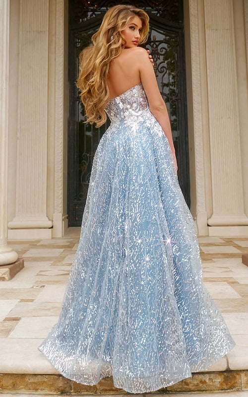 Model wearing Jovani 08417 blue dress back view