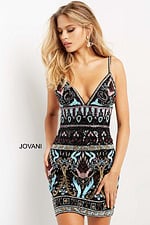 Model wearing Jovani 08447 dress in black multi with sequin details