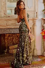 Model wearing Jovani 08459 royal floral sequin gown