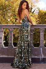 Back view of Jovani 08459 green floral sequin gown