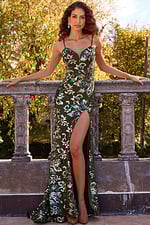 Front angle of model in green Jovani 08459 gown with floral sequins.