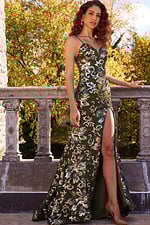 Front view of Jovani 08459 green sequin detailed gown