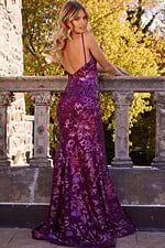 Back view of red Jovani 08459 gown with sweetheart neckline.