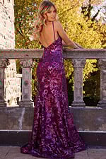 Model showing Jovani 08459 royal gown, back view
