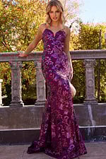 Model in Jovani 08459 royal floral sequin gown, front view