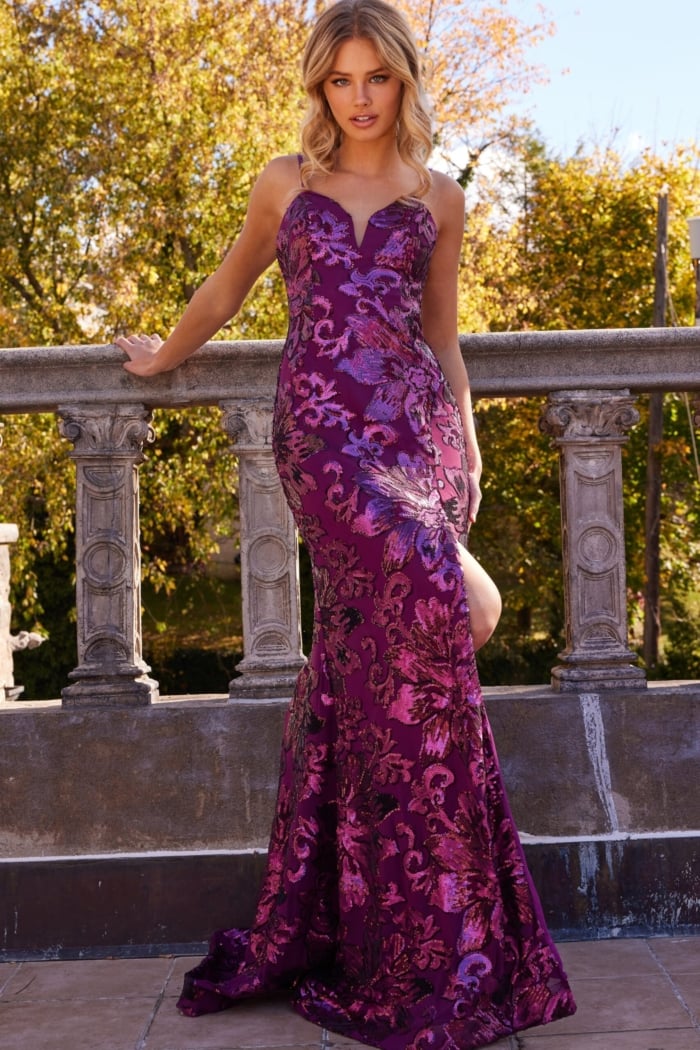 Model in Jovani 08459 royal floral sequin gown, front view