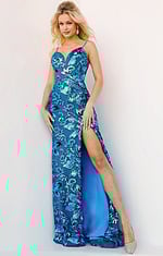 Front view of Jovani 08459 royal sequin gown