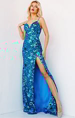 Model wearing royal Jovani 08459 gown with sequined floral pattern.