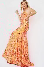 Model wearing Jovani 08460 single-shoulder orange mermaid gown back view