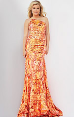 Model wearing Jovani 08460 single-shoulder orange mermaid gown front view