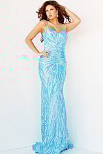 Model wearing Jovani 08481 in blue, full length front view showing sequined design.
