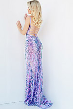 Back view of model in Jovani 08481 neon pink gown with lace-up design.