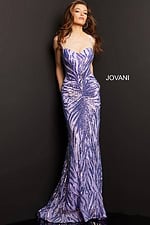 Model wearing Jovani 08481 in iridescent purple, front view showing sequin design.