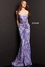 Model wearing Jovani 08481 purple gown with sequins and sweetheart neckline, front view.