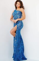 Jovani 08515 front view blue lace gown showcasing one-shoulder style