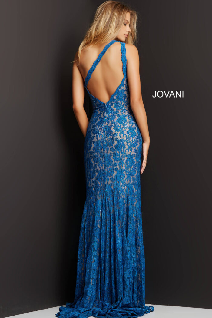Back view of Jovani 08515 blue dress showcasing open back design