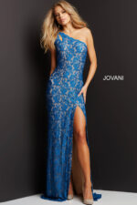 Front view of Jovani 08515 blue dress with elegant high slit